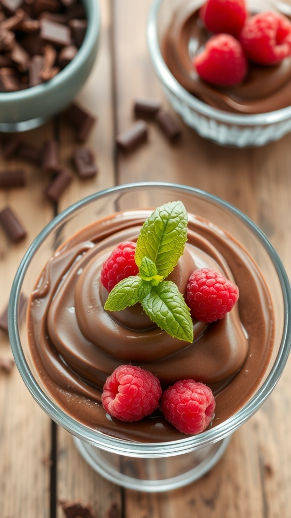 A bowl of chocolate mousse garnished with raspberries and mint on a wooden table.